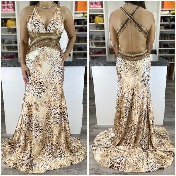 Jovani Y2K Leopard Print Cross Back Beaded Formal Gown $495 - Picture 1 of 12